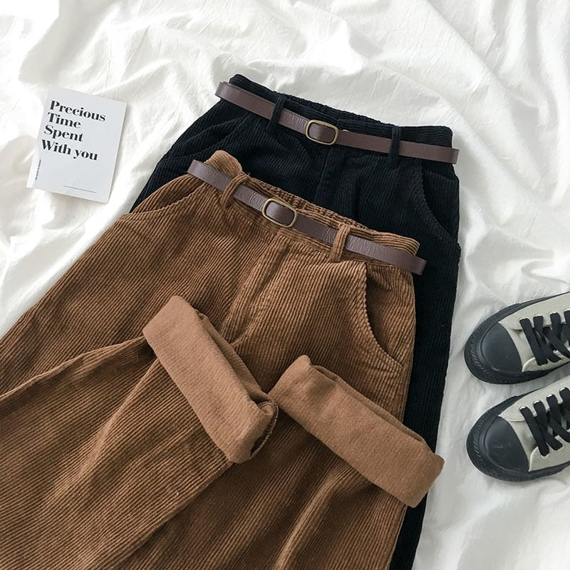 High Waist Corduroy Wide Leg Pants Female Vintage Brown Black