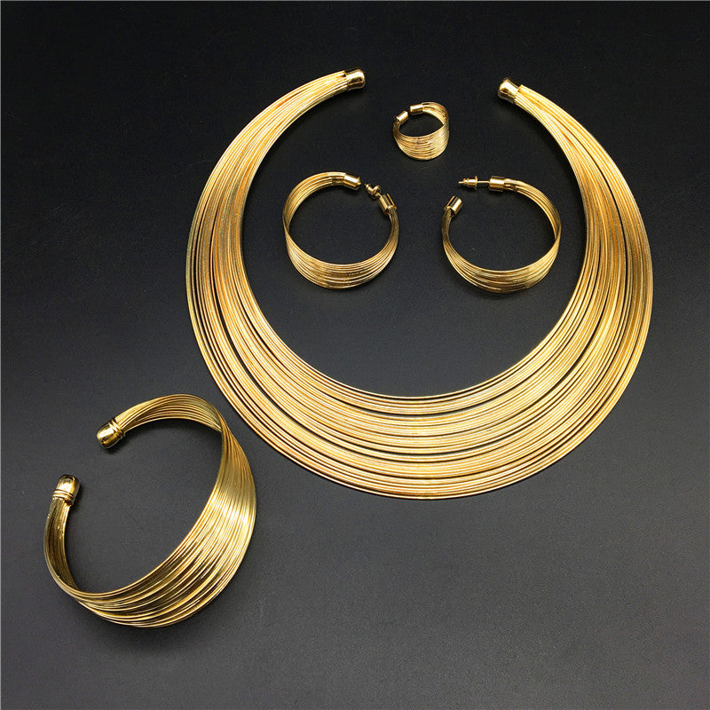 SparkShift African Gold Statement Jewelry Set - Luxury Bridal Necklace, Earrings & Bracelet