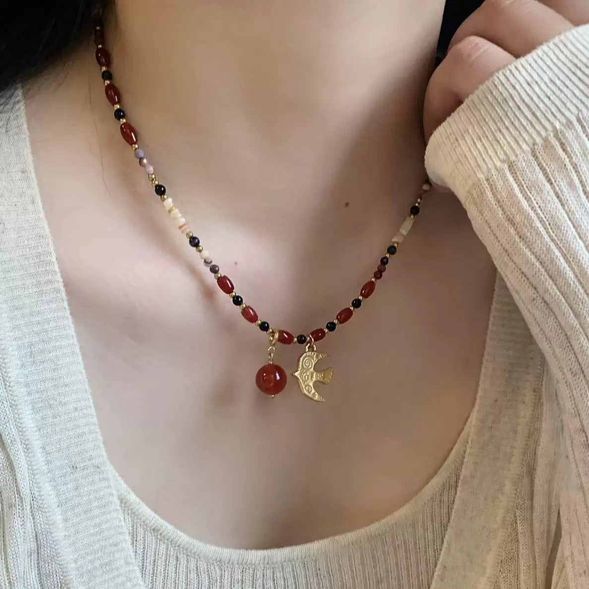 SparkShift Apex Tiger Eye Beaded Necklace with Bird Pendant