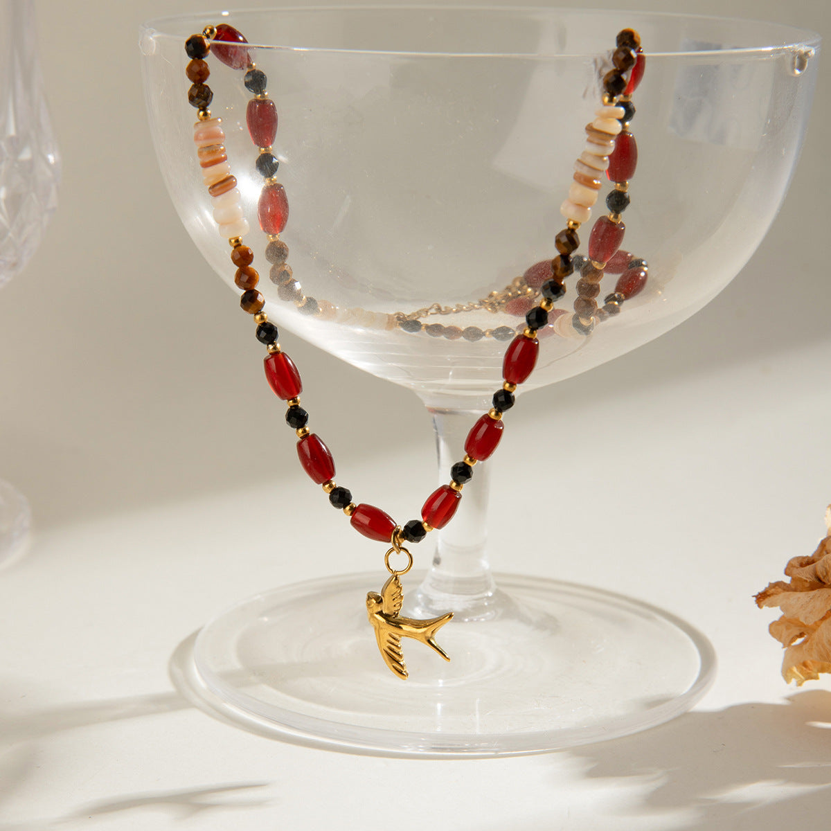 SparkShift Apex Tiger Eye Beaded Necklace with Bird Pendant