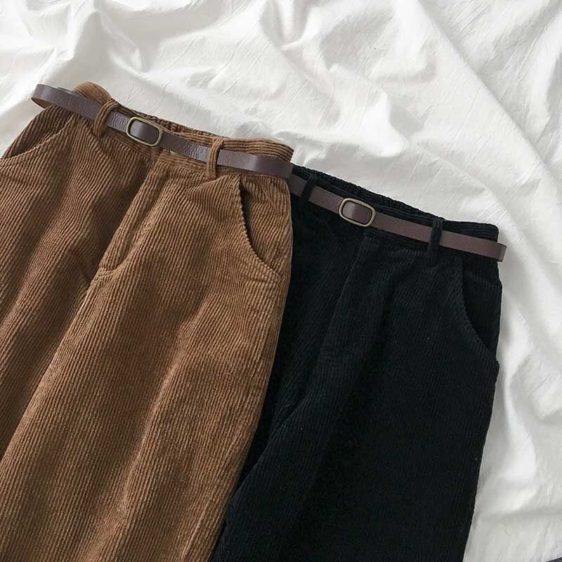 High Waist Corduroy Wide Leg Pants Female Vintage Brown Black