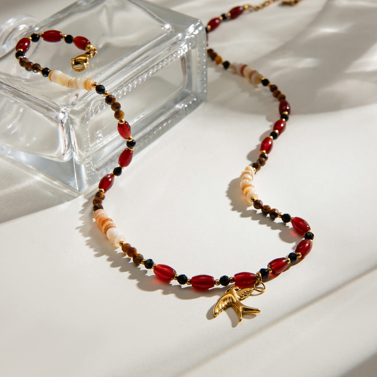 SparkShift Apex Tiger Eye Beaded Necklace with Bird Pendant